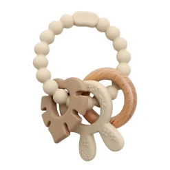 Biderangle i silikone med blad, kaninøre og træ vedhæng. Beige