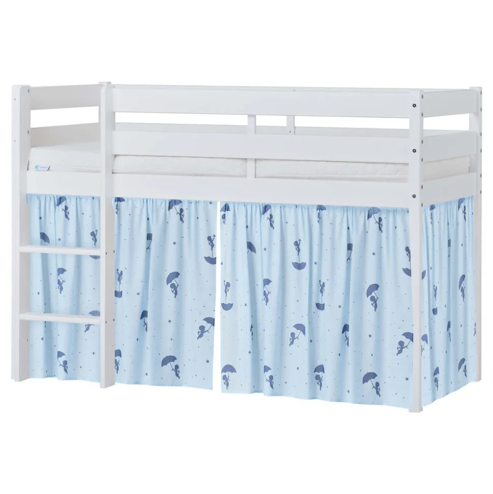 ECO Comfort halvhøj seng hvid, med forhæng blå