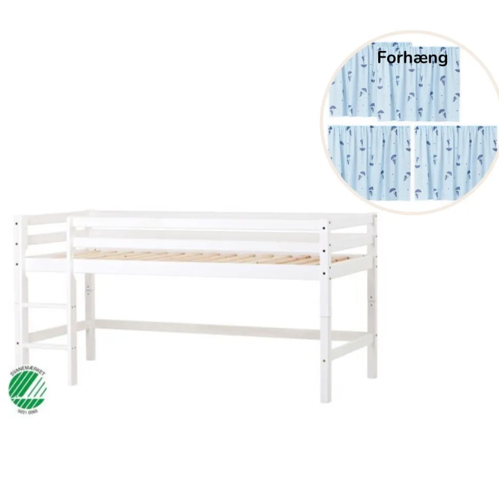 ECO Dream Halvhøj seng (delbar) hvid 70x160, med forhæng blå