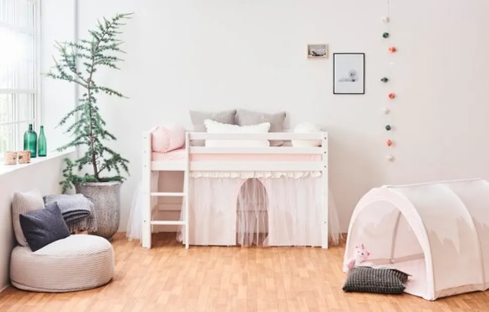 ECO Dream Halvhøj seng (delbar) hvid 70x160, med forhæng blå