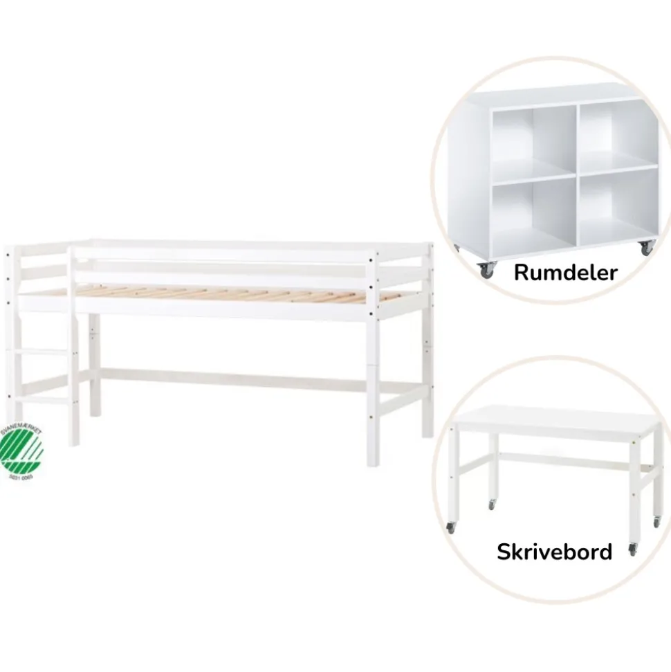 ECO Dream Halvhøj seng (delbar) hvid, med rumdeler og skrivebord