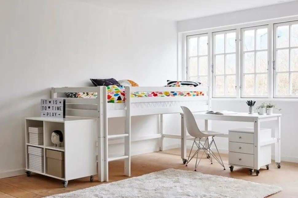 ECO Dream Halvhøj seng (delbar) hvid, med rumdeler og skrivebord