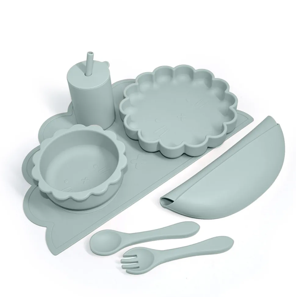 Komplet spisesæt i silikone, støvet blå, 7 dele