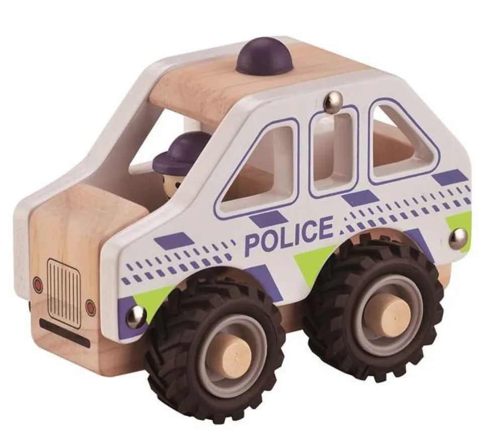 Politibil i træ m. gummihjul