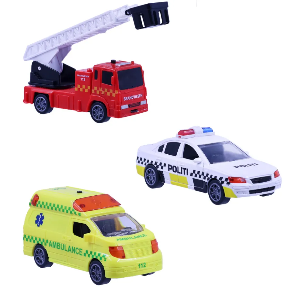 Redningskøretøjer 3stk m/pullback, lys og lyd
