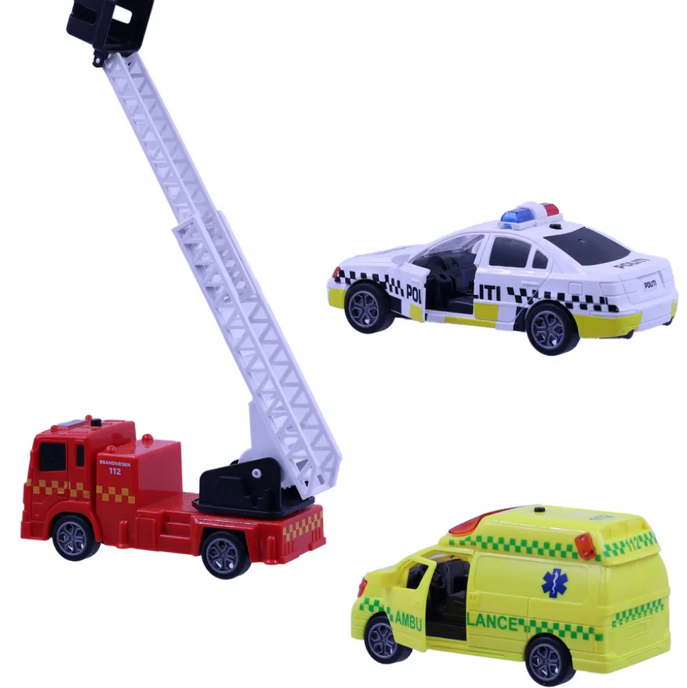 Redningskøretøjer 3stk m/pullback, lys og lyd