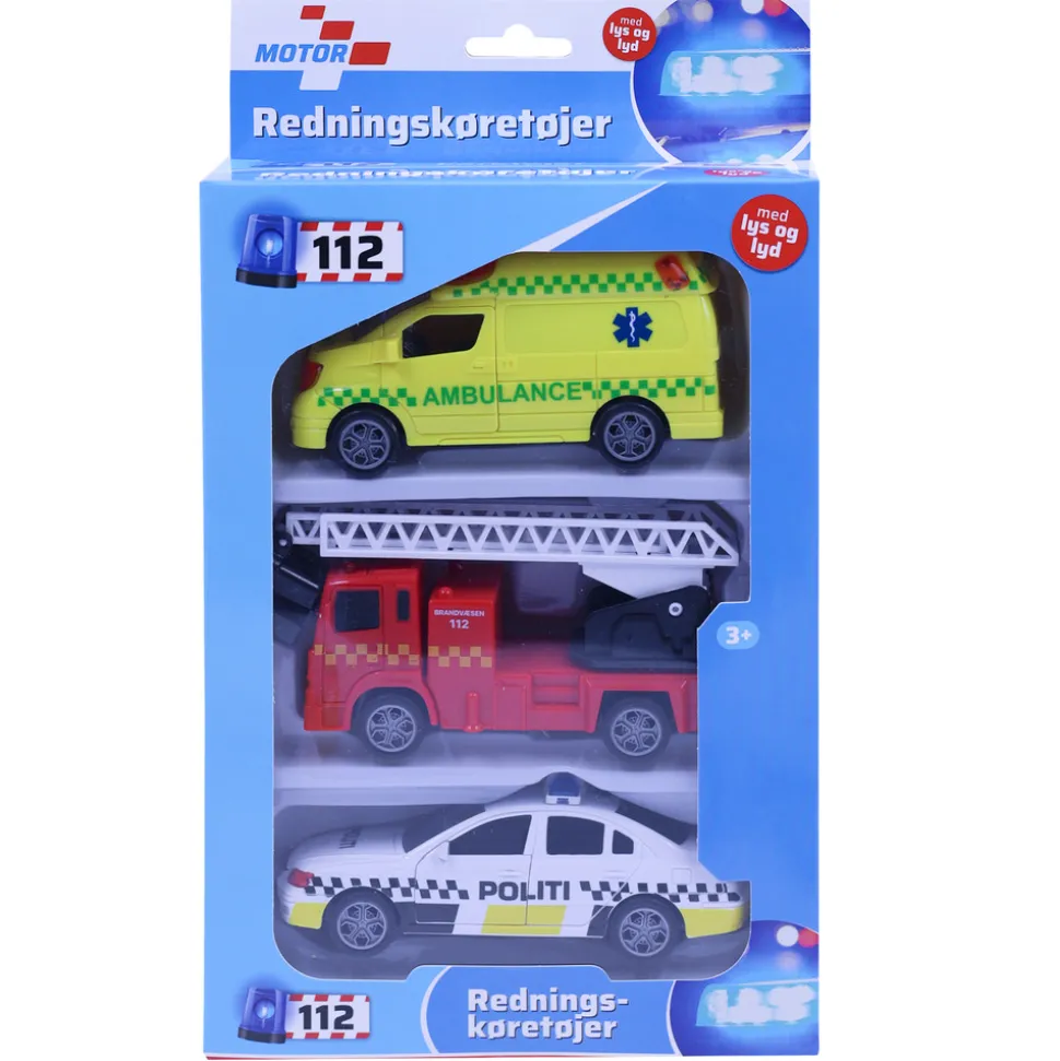 Redningskøretøjer 3stk m/pullback, lys og lyd