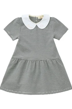 Stribet kjole m. poplin krave - NAVY