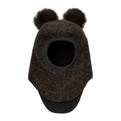 Uld Alpaca Balaclava Pompoms - Dark brown melange