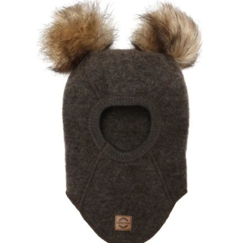 Uld elefanthue med pom pom - DARK BROWN MELANGE